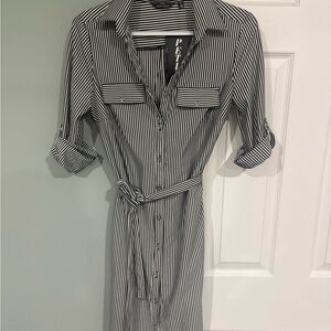 Mlle Gabrielle Black & White Vertical Stripe Midi Shirt Dress